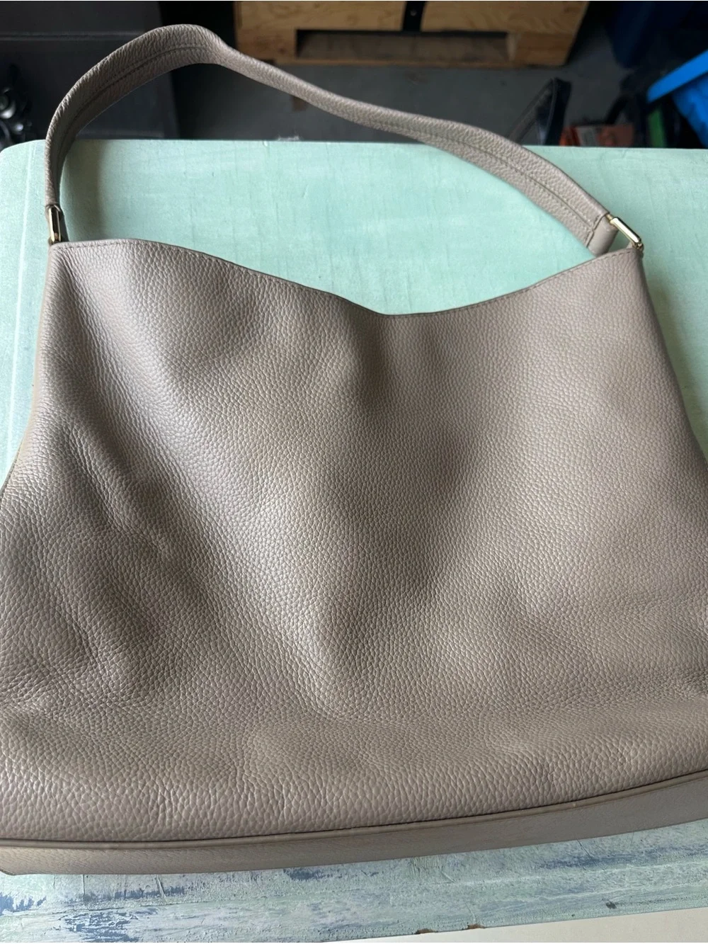 Pebbled Leather Shoulder Bag in Taupe with Dual Zip Pockets